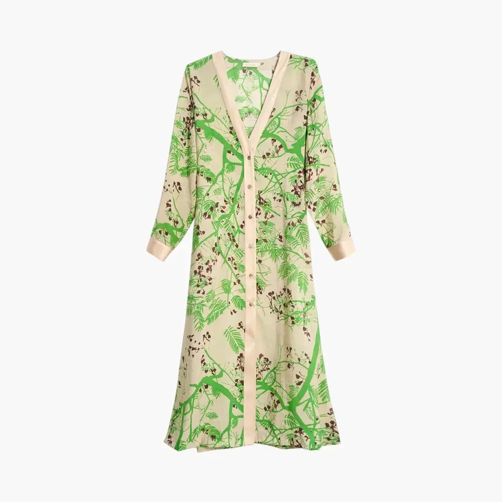 Large LOST PATTERN Coco Dream Belted Kaftan Shirt Dress Green Caftan Coverup - Picture 2 of 16